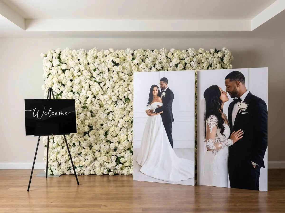 Custom welcome sign at wedding entrance
